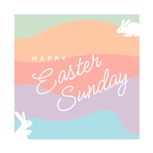 Composition of happy easter sunday text and easter bunnies and pastel background. Easter, religion and tradition concept digitally generated image.