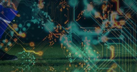 Futuristic soccer with digital circuitry overlay and copy space