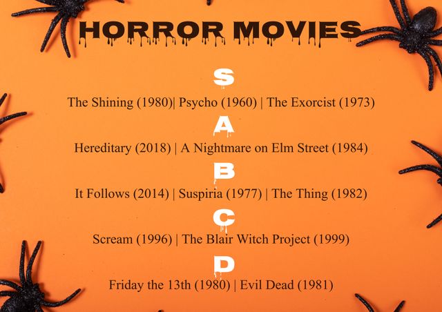 Orange background with spider elements and list of classic and modern horror movies highlighting letters S, A, B, C, and D. Perfect visual for promoting Halloween-themed parties or horror movie screenings. Can be used for event invites, social media promotions, and horror movie marathons.