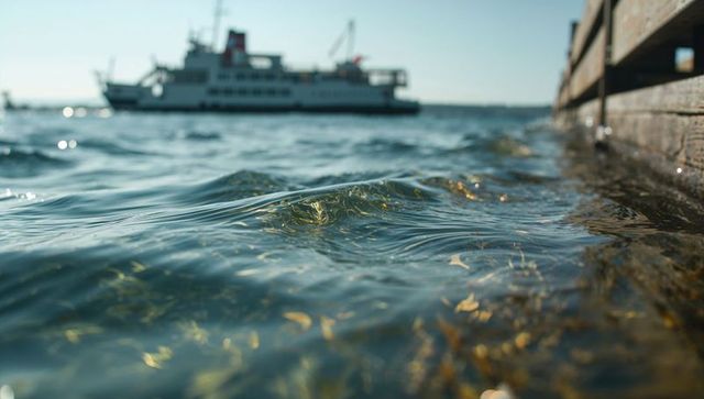 Shimmering harbor waves lapping wooden pier with sunlit kelp and ferry