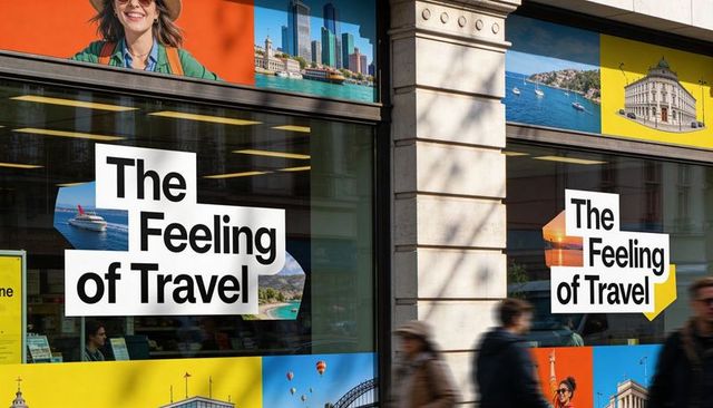 Travel agency storefront featuring vibrant colorful window decals reading feeling of travel