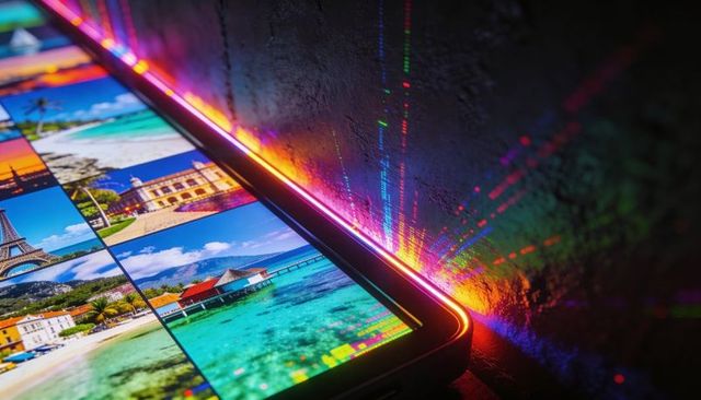 Neon-edged tablet displaying travel photo grid with vibrant led reflections