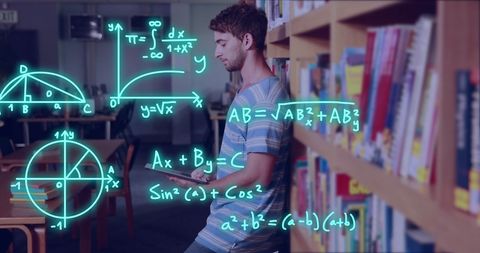 Male Student Learning With Digital Scientific Equations Overlay