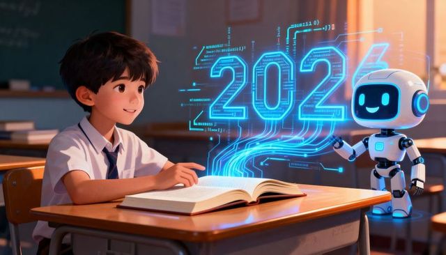 Schoolboy studying with friendly robot tutor projecting 2026 holographic learning