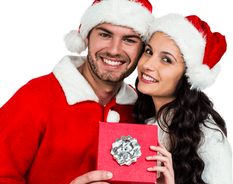 Transparent Merry Couple In Santa Hats Holding Gift