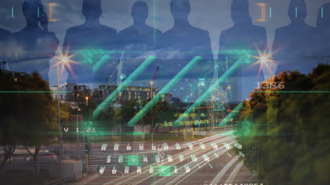 Cityscape Technology Overlay with Silhouetted Figures