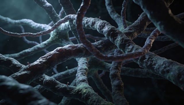 Organic filament network weaving underwater with algae biofilm and teal rim lighting