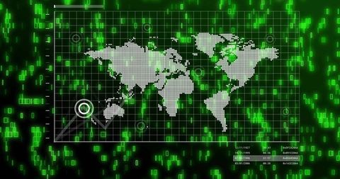 Neon Green Cyber World Map HUD with Targeting Radial Lines and Data Grid Visualization