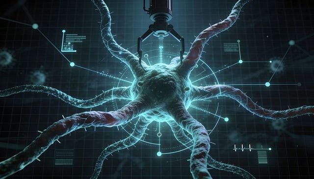 Robotic probe probing single neuron with holographic reticle and data nodes in cyan grid