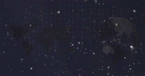 Rotating dotted globe over grid with floating particles and futuristic data visualization