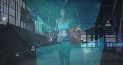 Digital Network Overlay on Exercising Woman Illustrating Global Connectivity