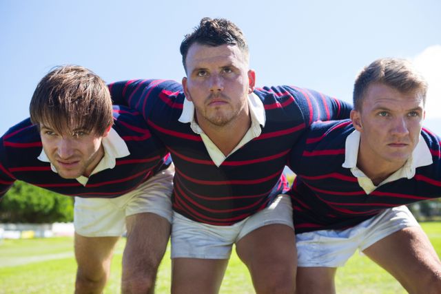 Three rugby players in striped jerseys and white shorts are bending forward, preparing for a scrum on a sunny day. This image captures the intensity and teamwork involved in rugby. Ideal for use in sports promotions, team-building materials, and athletic training content.