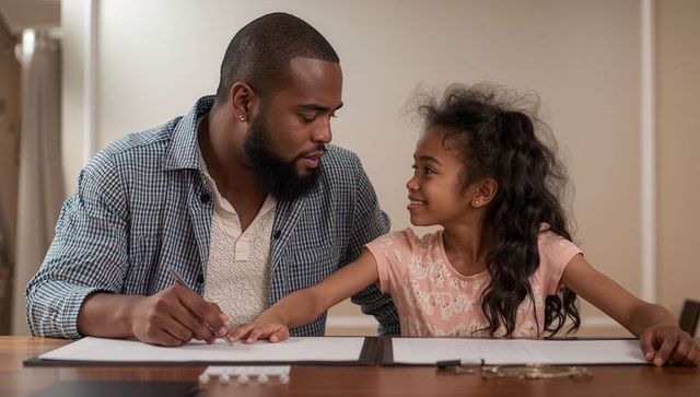 Father teaching daughter handwriting at table, warm family learning and bonding moment