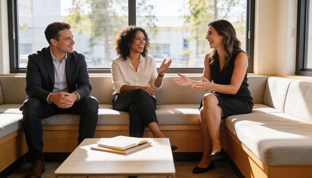 Three colleagues laughing and discussing strategy in modern office lounge, teamwork