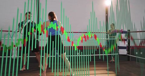 Training female boxer sparring with coach in ring overlaid by financial candlestick chart