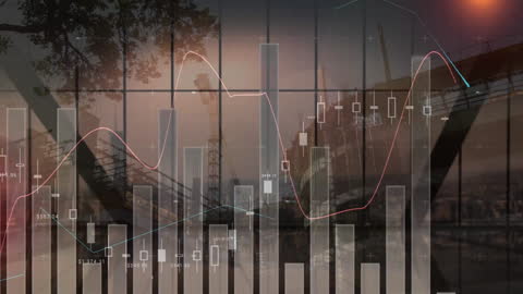 Abstract Overlay of Financial Figures on Urban Construction Scene