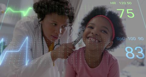 Female doctor examining smiling girl with heart rate overlay