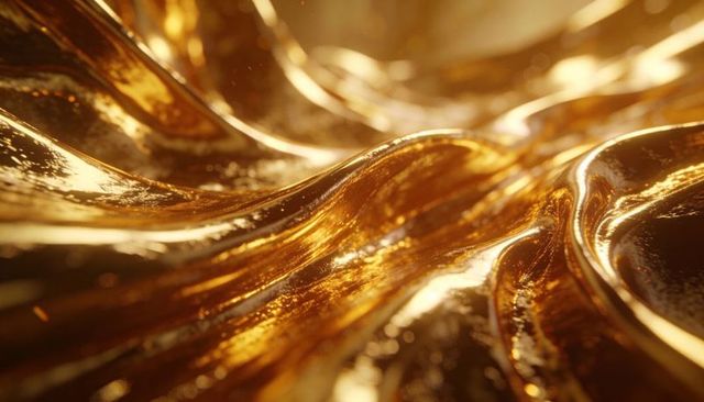 Shimmering gold liquid metal rippling with glossy folds and light reflections