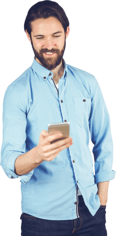 Smiling Bearded Man Using Mobile Phone on Transparent Background - Download Free Stock Videos Pikwizard.com