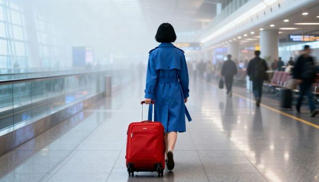 Walking woman in blue trench coat pulling red suitcase through modern airport concourse