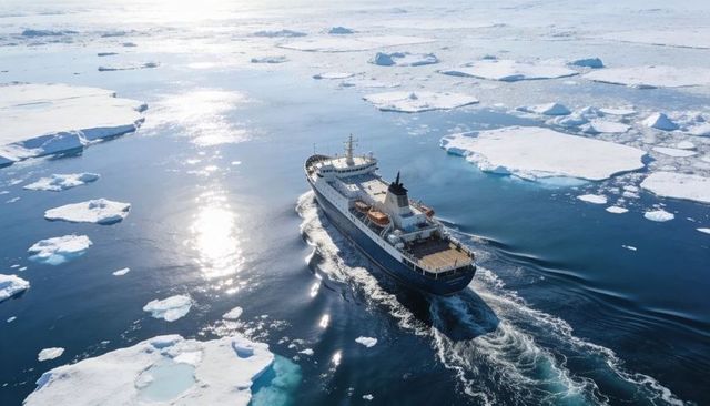 Expedition ship navigating arctic ice pack toward sunlit horizon, breaking sea ice