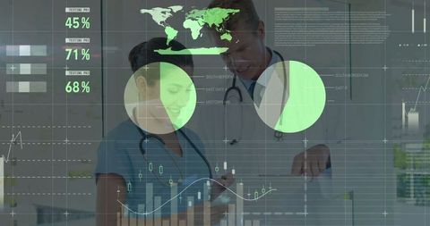 Medical professionals collaborating with global health data visualization