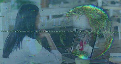 Woman Analyzing Data on Laptop with Digital Interface Overlay