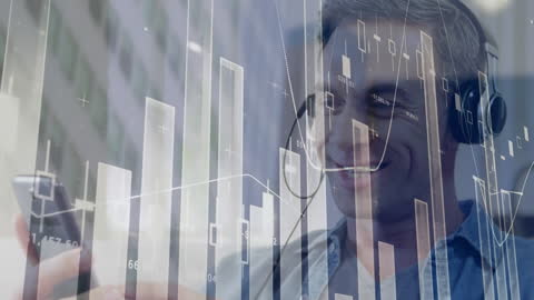 Businessman Analyzing Financial Data with Smartphone and Headphones