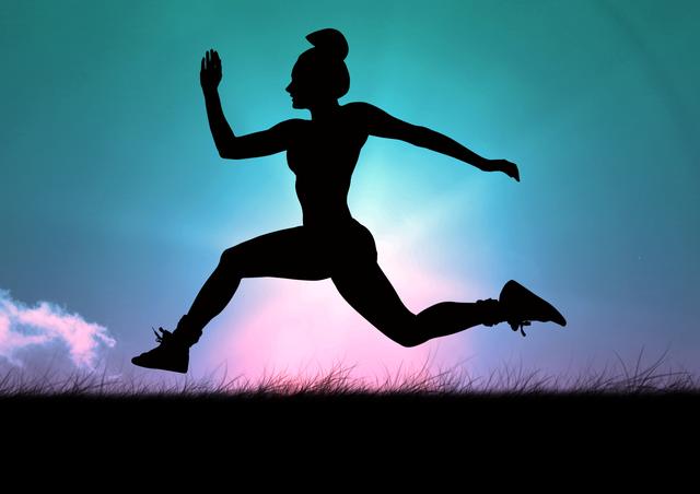 Silhouette of a woman running on a grass field with a vibrant twilight sky background. Perfect for themes on fitness, outdoor activities, motivation, and healthy lifestyle. Suitable for advertisements, fitness websites, motivational posters, sports publications, and social media promotions aimed at promoting wellness and active living.