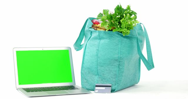 Online Grocery Shopping with Laptop and Reusable Tote Bag Full of Fresh Produce - Download Free Stock Images Pikwizard.com