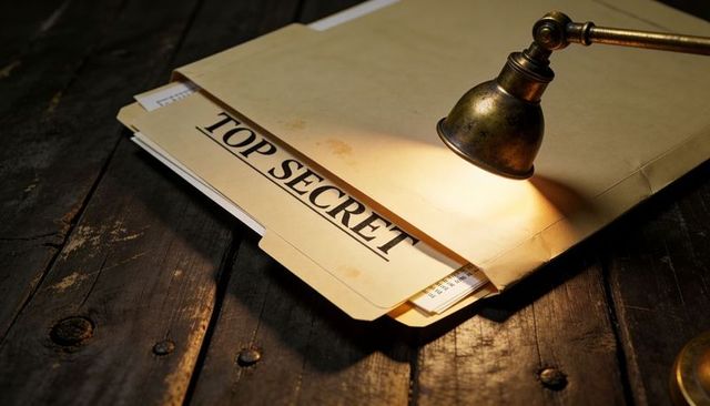 Spotlighting top secret manila folder on vintage wooden desk with brass lamp and moody lighting