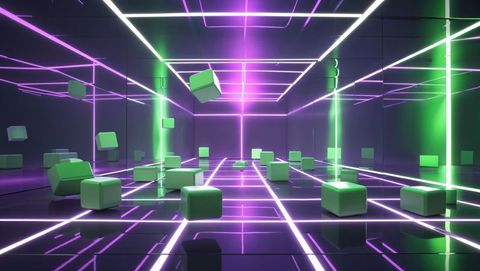 Futuristic Neon Grid Chamber with Hovering Cubes