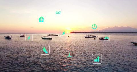 Tranquil Sunset Over Bay with Eco Overlay Icons