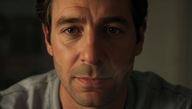 Exhaling middle-aged man staring into camera closeup dramatic low light reflective portrait