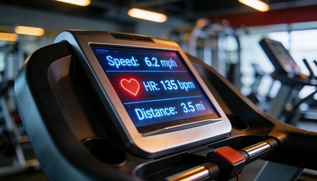 Treadmill console displaying workout metrics: speed 6.2 mph, hr 135 bpm, distance 3.5 mi