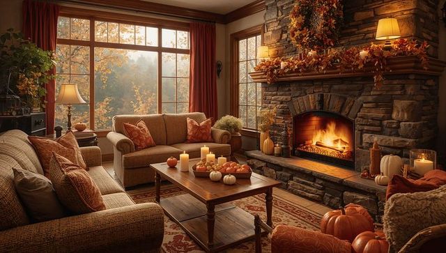 Cozy autumn living room with glowing stone fireplace, pumpkins, candles and rustic mantel