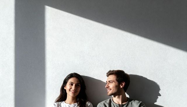 Young couple relaxing in sunlit minimalist interior with geometric shadow