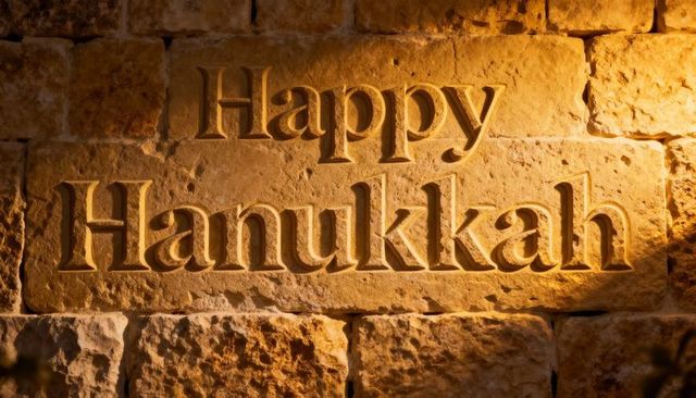 Celebrating hanukkah carving on warm limestone wall holiday greeting in relief