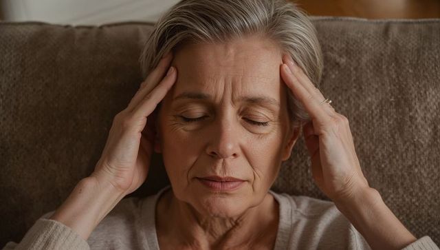 Senior woman experiencing headache and holding temples while resting on couch, eyes closed