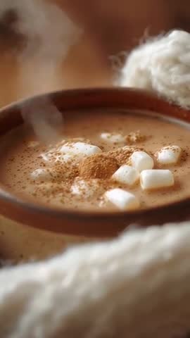 Vertical video featuring steaming hot cocoa with melting marshmallows and cozy knit blanket