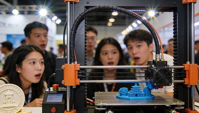 Desktop 3d printer printing blue pagoda model at tech expo young attendees watching