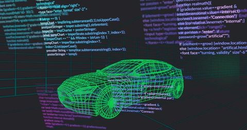 Rendering green wireframe car hovering over neon grid with floating code panels