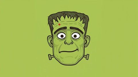 Cartoon-style frankenstein monster head on green backdrop