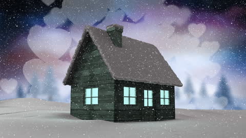 Magical Winter Christmas Scene with Snowy House and Heart Lights