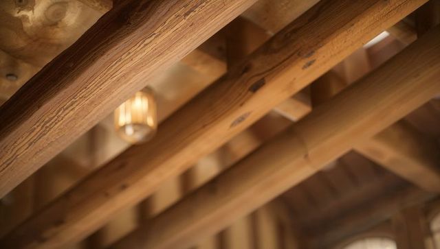 Rustic cabin ceiling showcasing round timber beams, diagonal rafters and pendant light