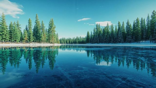 Tranquil Mountain Lake Reflecting Pine Trees and Snowy Shores