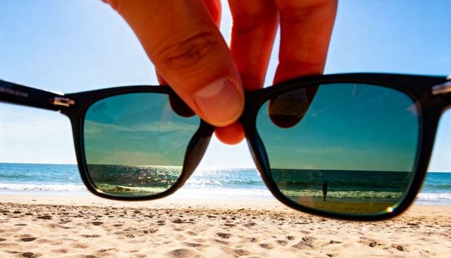 Hand Holding Sunglasses Framing Sunlit Ocean Horizon and Lone Silhouette on Sandy Beach