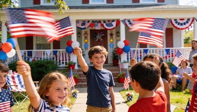 Kids waving american flags celebrating independence day in decorated suburban front yard