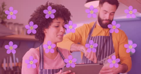 Happy Diverse Couple Cooking Together with Cute Floral Animation