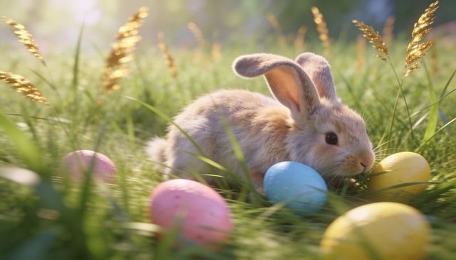 Sunlit baby rabbit resting among pastel easter eggs in tall green meadow grass